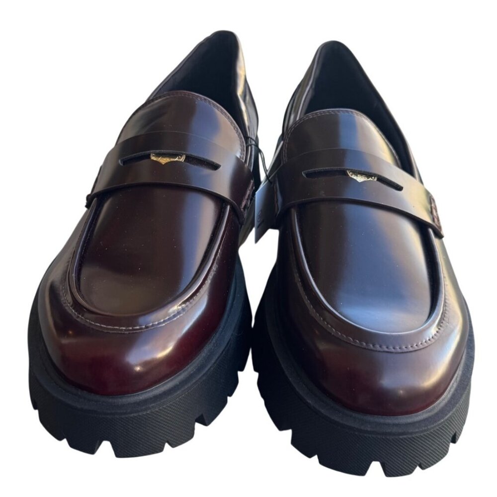 Zara Burgundy Chunky Faux Patent Leather Platform Loafers Lug Sole Size 10